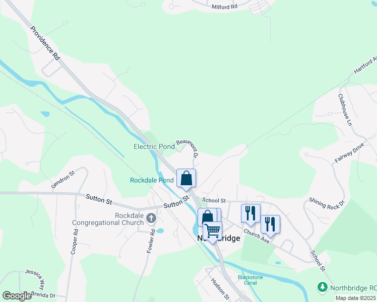 map of restaurants, bars, coffee shops, grocery stores, and more near 85 Beaumont Drive in Northbridge