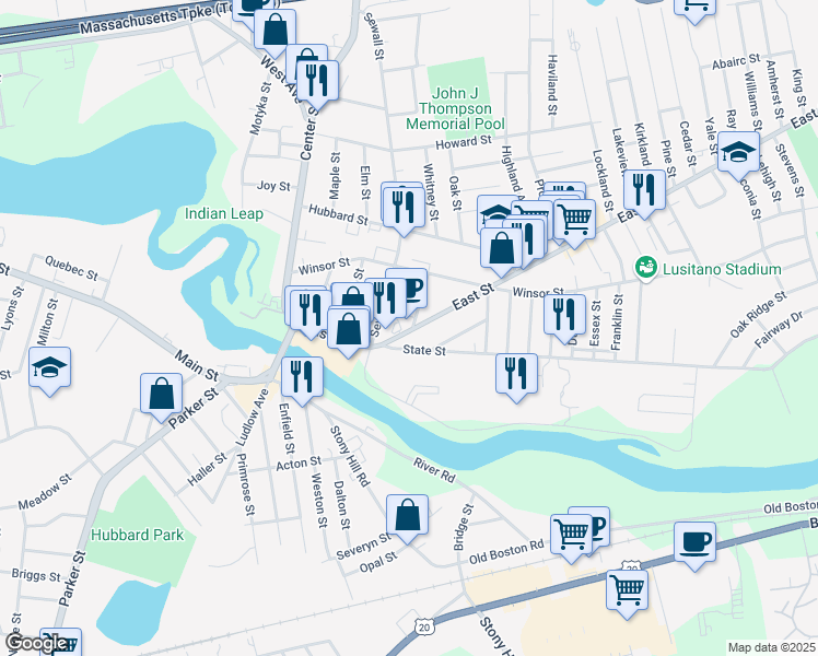 map of restaurants, bars, coffee shops, grocery stores, and more near 15 Lower Whitney Street in Ludlow