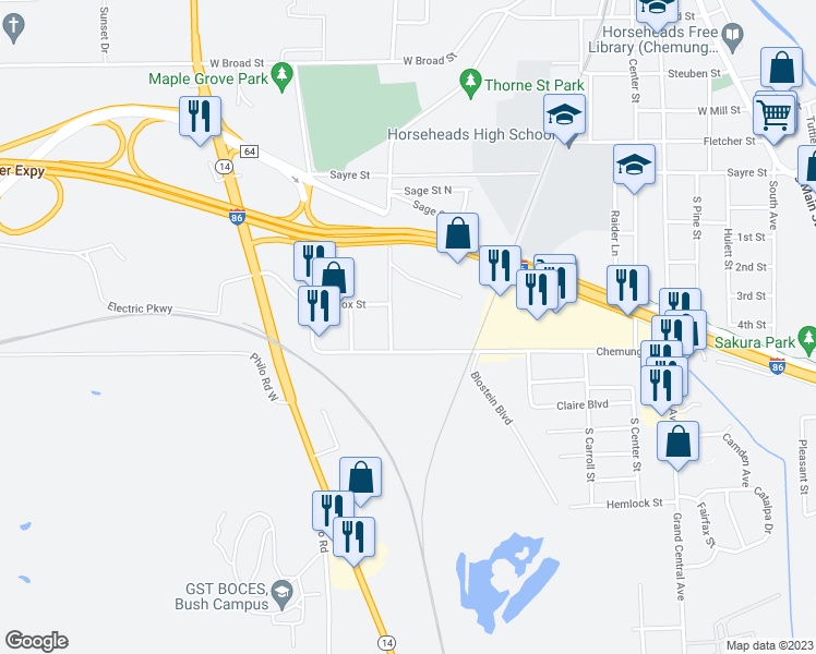 map of restaurants, bars, coffee shops, grocery stores, and more near 1005 Lackawanna Avenue in Horseheads
