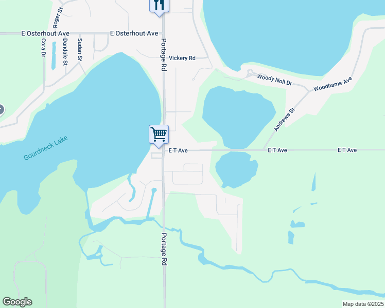 map of restaurants, bars, coffee shops, grocery stores, and more near 2958 East T Avenue in Portage