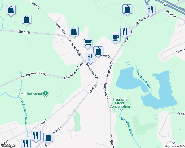 map of restaurants, bars, coffee shops, grocery stores, and more near 97 Weymouth Street in Rockland
