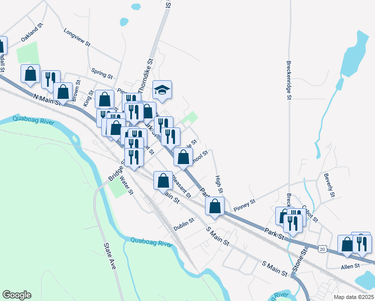 map of restaurants, bars, coffee shops, grocery stores, and more near 1021 Maple Street in Palmer