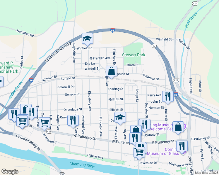 map of restaurants, bars, coffee shops, grocery stores, and more near 259 Dodge Avenue in Corning