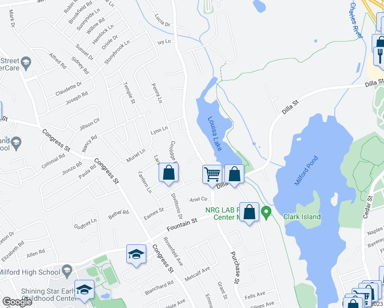 map of restaurants, bars, coffee shops, grocery stores, and more near 1 Overlook Circle in Milford