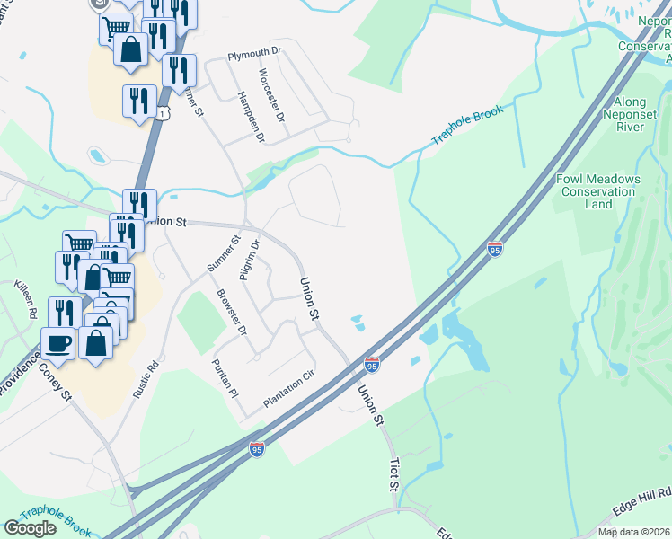 map of restaurants, bars, coffee shops, grocery stores, and more near 214 Union Street in Norwood