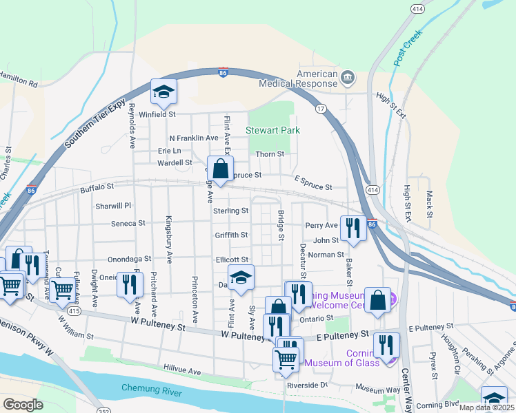 map of restaurants, bars, coffee shops, grocery stores, and more near 30 W Sycamore St in Corning