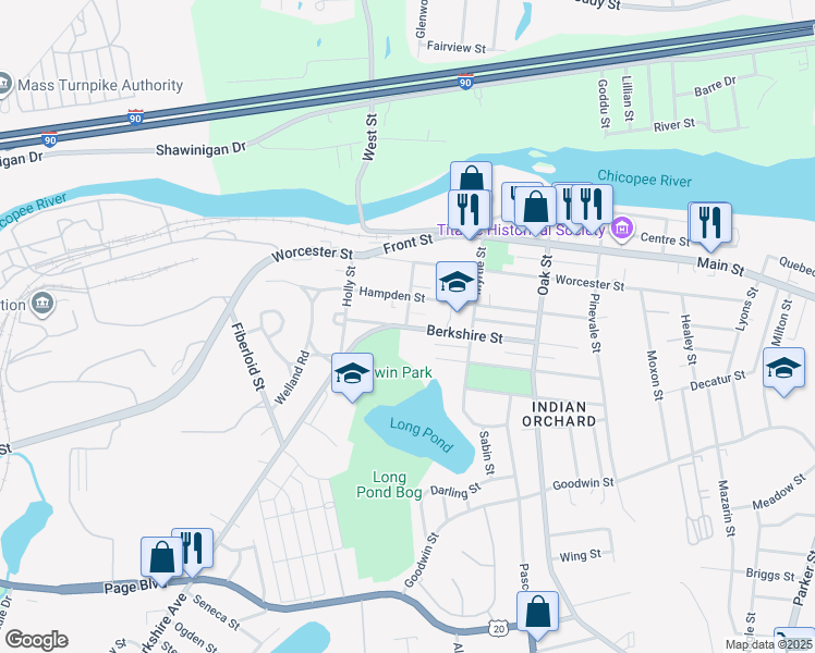 map of restaurants, bars, coffee shops, grocery stores, and more near 54 Berkshire Street in Springfield