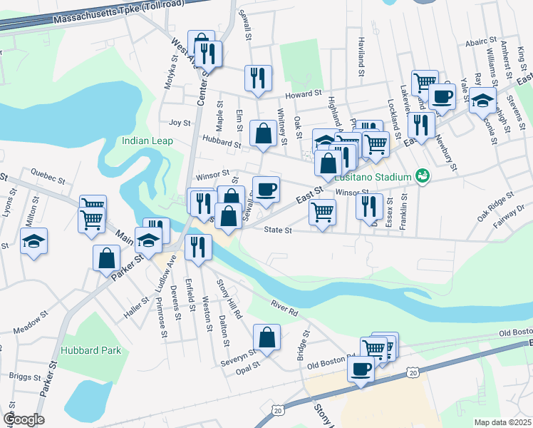 map of restaurants, bars, coffee shops, grocery stores, and more near 135 East Street in Ludlow