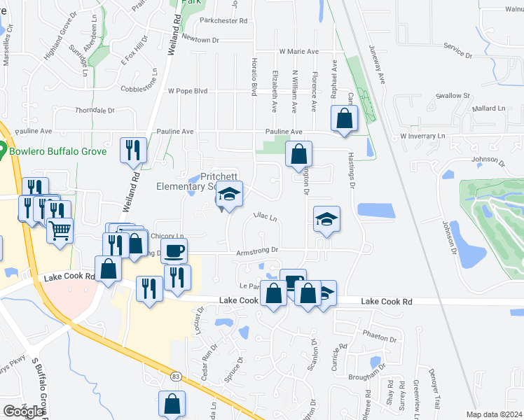 map of restaurants, bars, coffee shops, grocery stores, and more near 128 Lilac Lane in Buffalo Grove
