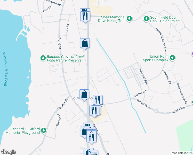 map of restaurants, bars, coffee shops, grocery stores, and more near 178 Stonehaven Drive in Weymouth