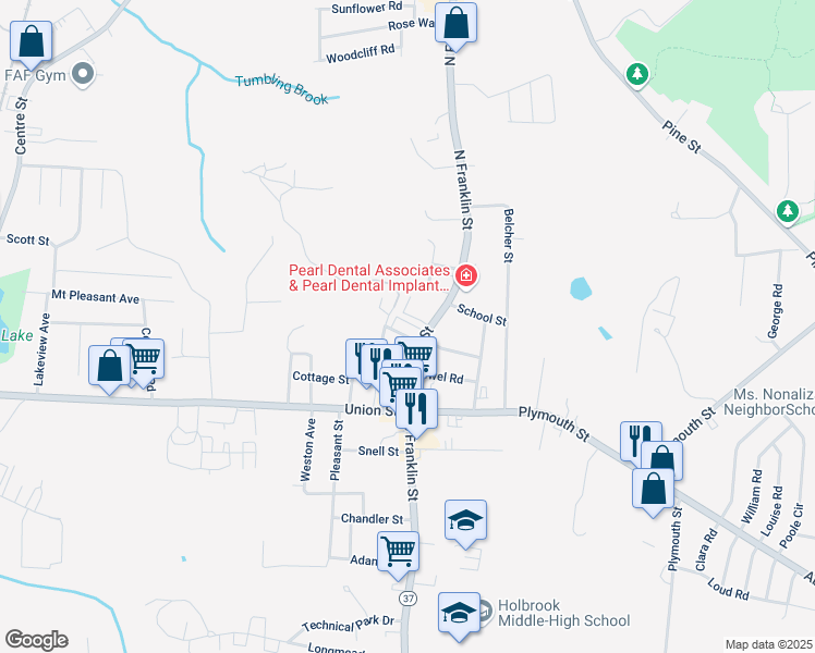 map of restaurants, bars, coffee shops, grocery stores, and more near 140 North Franklin Street in Holbrook