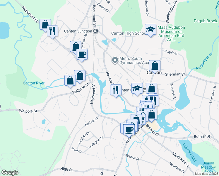 map of restaurants, bars, coffee shops, grocery stores, and more near 104 Revere Street in Canton