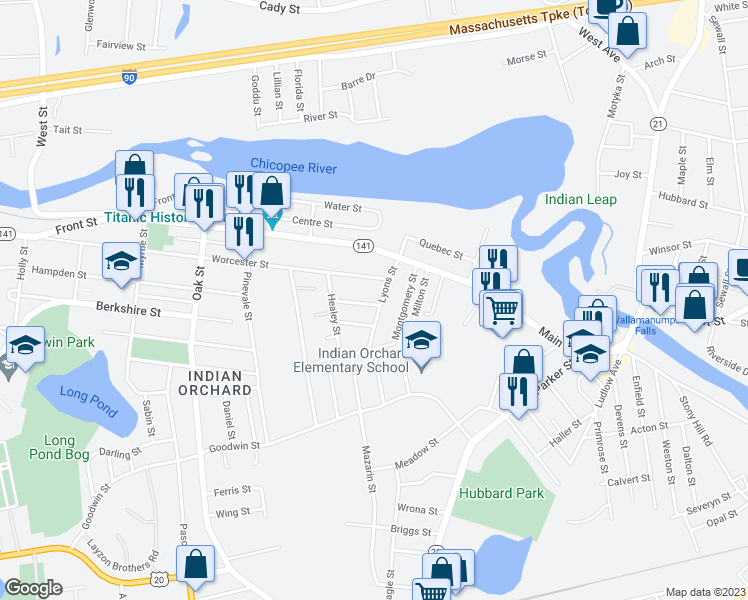 map of restaurants, bars, coffee shops, grocery stores, and more near 32 Montcalm Street in Springfield