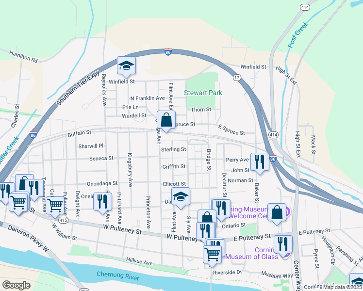 map of restaurants, bars, coffee shops, grocery stores, and more near 262 Flint Avenue in Corning