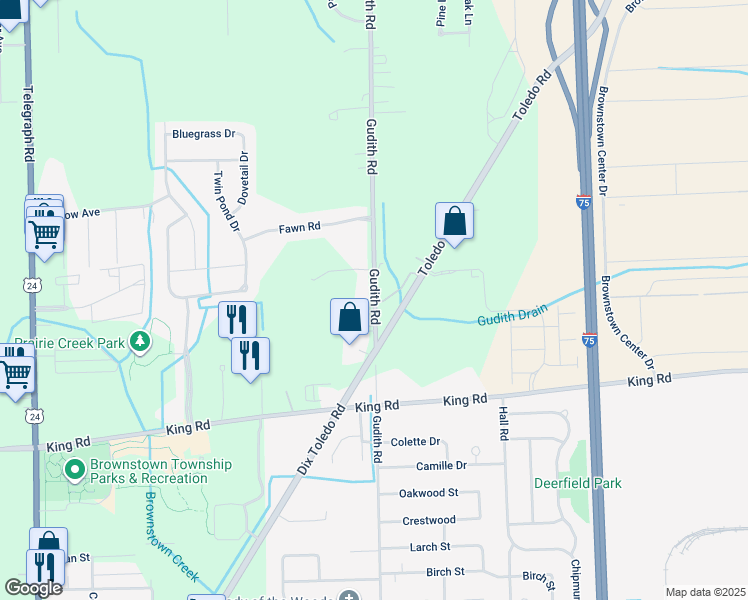 map of restaurants, bars, coffee shops, grocery stores, and more near 20543 Gudith Road in Brownstown Charter Township