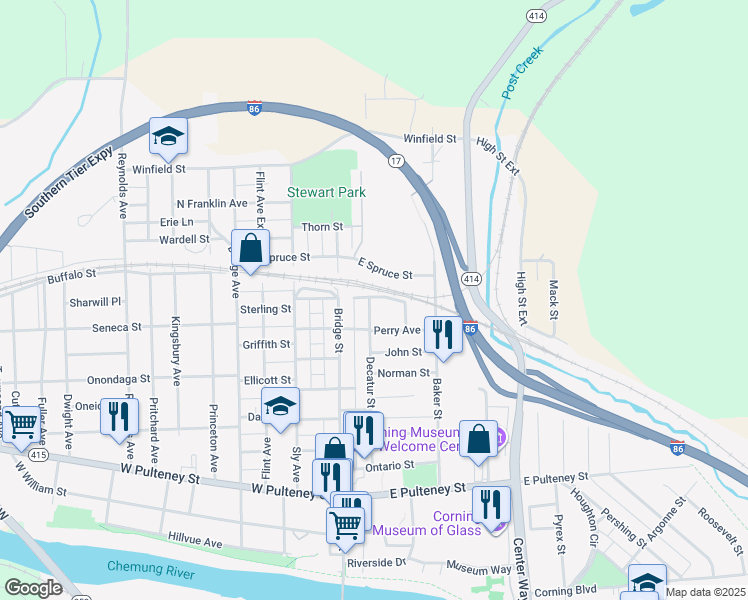 map of restaurants, bars, coffee shops, grocery stores, and more near 272 Decatur Street in Corning