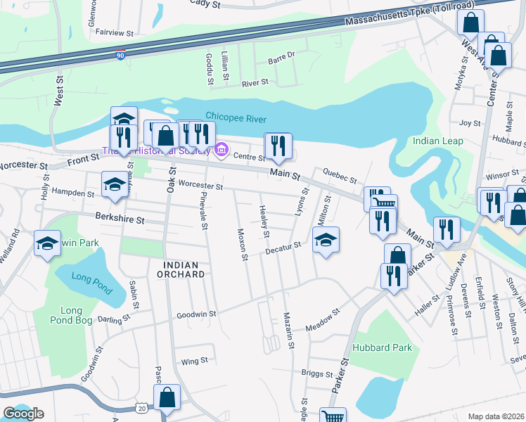 map of restaurants, bars, coffee shops, grocery stores, and more near 28 Healey St in Springfield