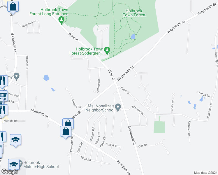 map of restaurants, bars, coffee shops, grocery stores, and more near 191 Weymouth Street in Holbrook