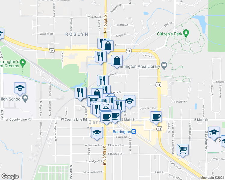 map of restaurants, bars, coffee shops, grocery stores, and more near 118 East Liberty Street in Barrington