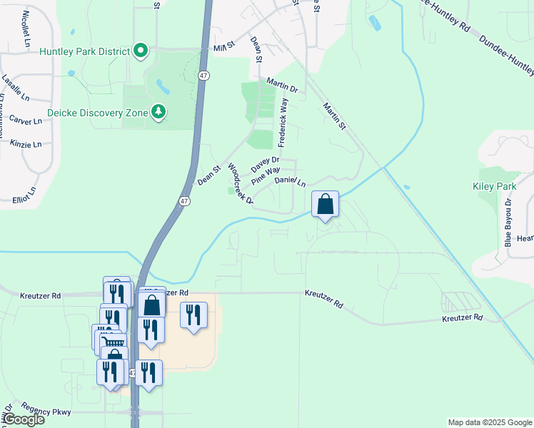 map of restaurants, bars, coffee shops, grocery stores, and more near 11709 Woodcreek Drive South in Huntley