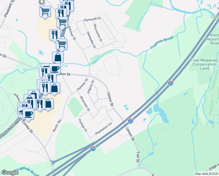 map of restaurants, bars, coffee shops, grocery stores, and more near 214 Union Street in Norwood