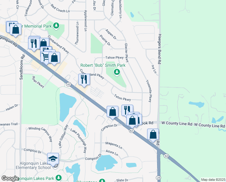 map of restaurants, bars, coffee shops, grocery stores, and more near 2008 Teton Parkway in Algonquin