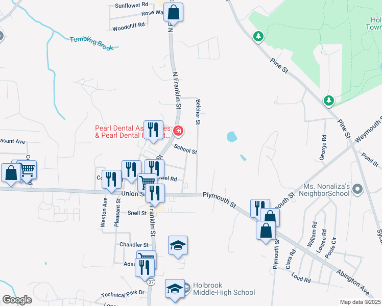 map of restaurants, bars, coffee shops, grocery stores, and more near 1 Thayer Avenue in Holbrook