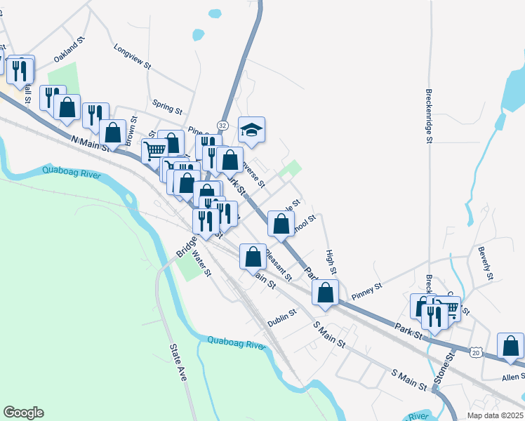 map of restaurants, bars, coffee shops, grocery stores, and more near 1057 Central Street in Palmer
