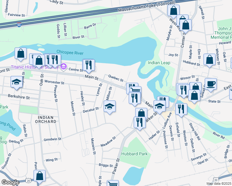 map of restaurants, bars, coffee shops, grocery stores, and more near 20 Beaudry Street in Springfield