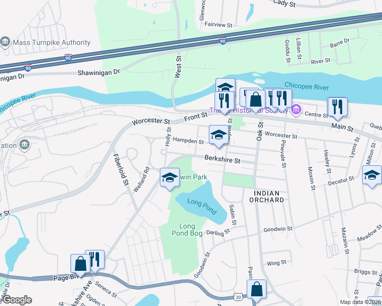 map of restaurants, bars, coffee shops, grocery stores, and more near 54 Berkshire Street in Springfield