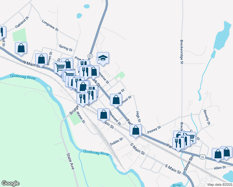 map of restaurants, bars, coffee shops, grocery stores, and more near 1012 Maple Street in Palmer