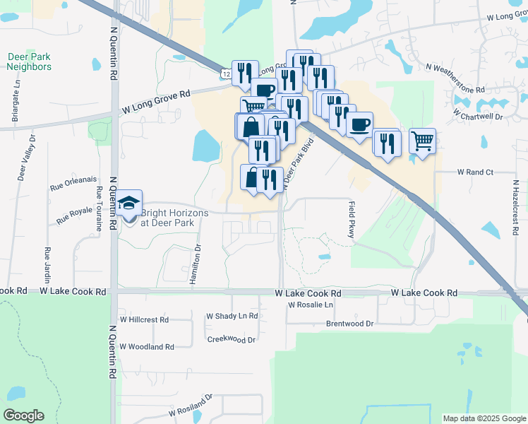 map of restaurants, bars, coffee shops, grocery stores, and more near 21527 West Field Parkway in Deer Park