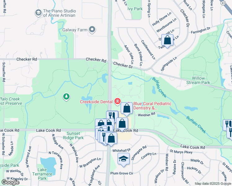 map of restaurants, bars, coffee shops, grocery stores, and more near 238 Thornapple Court in Buffalo Grove