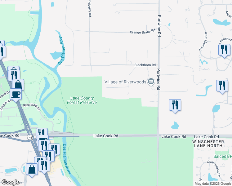map of restaurants, bars, coffee shops, grocery stores, and more near 2500 Greenbriar Lane in Riverwoods