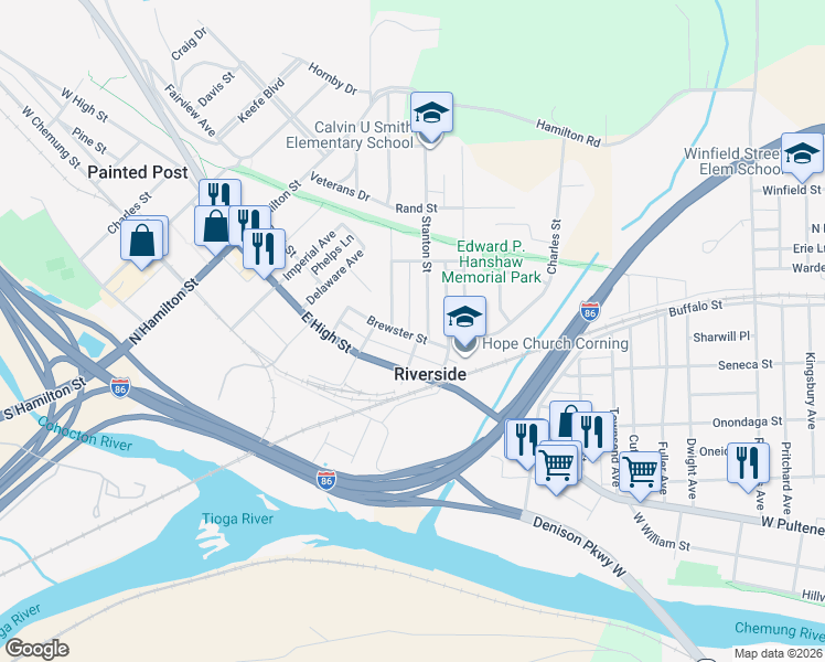 map of restaurants, bars, coffee shops, grocery stores, and more near 367 Brewster Street in Painted Post