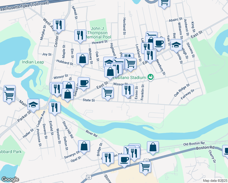 map of restaurants, bars, coffee shops, grocery stores, and more near 36 Berkshire Street in Ludlow