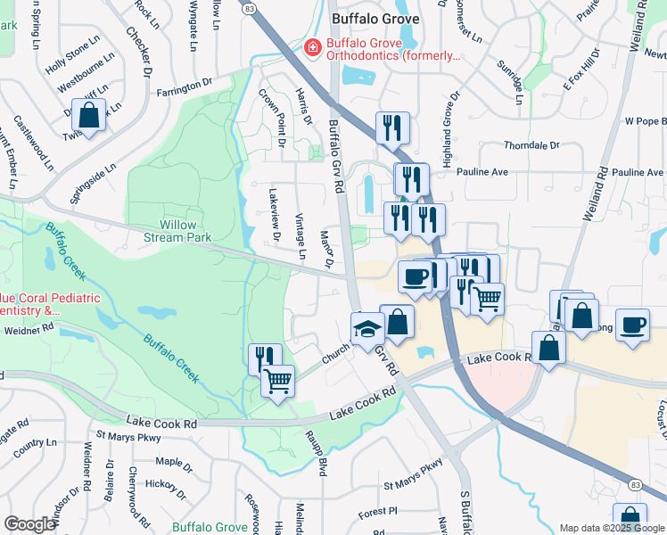 map of restaurants, bars, coffee shops, grocery stores, and more near 241 Manor Drive in Buffalo Grove