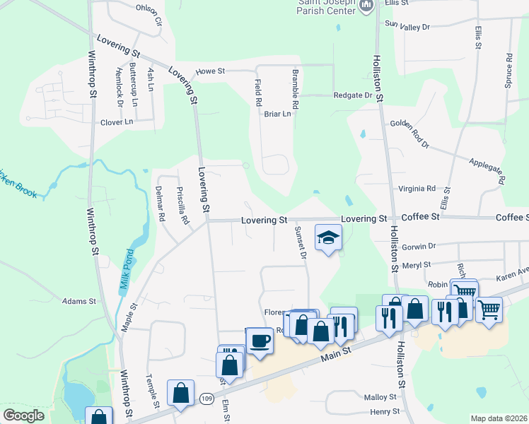 map of restaurants, bars, coffee shops, grocery stores, and more near 36 Lovering Heights in Medway