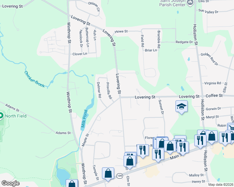 map of restaurants, bars, coffee shops, grocery stores, and more near 57 Lovering Street in Medway