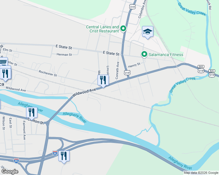 map of restaurants, bars, coffee shops, grocery stores, and more near 490 Wildwood Avenue in Salamanca