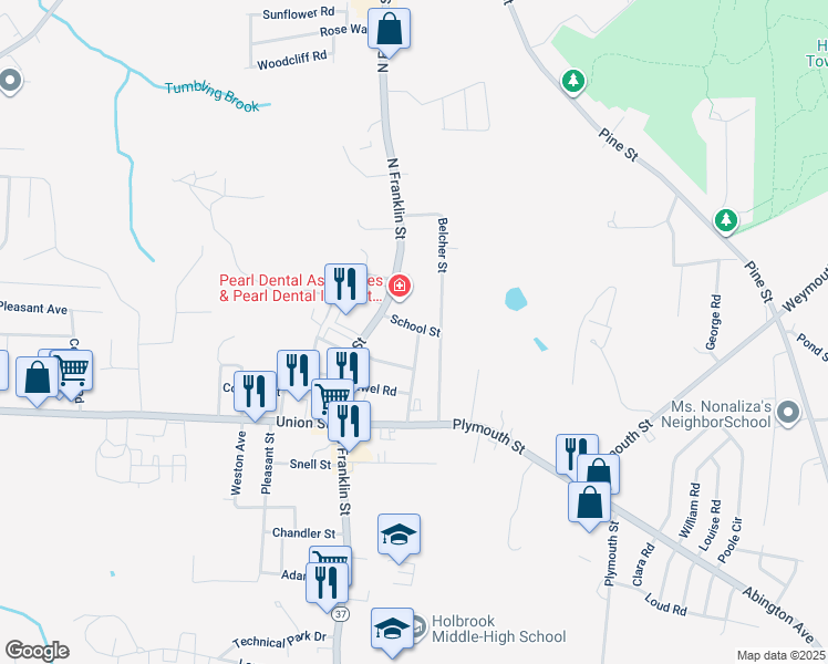 map of restaurants, bars, coffee shops, grocery stores, and more near 1 Thayer Avenue in Holbrook