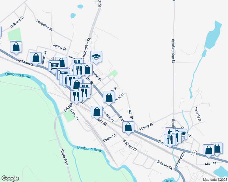 map of restaurants, bars, coffee shops, grocery stores, and more near 1021 Maple Street in Palmer