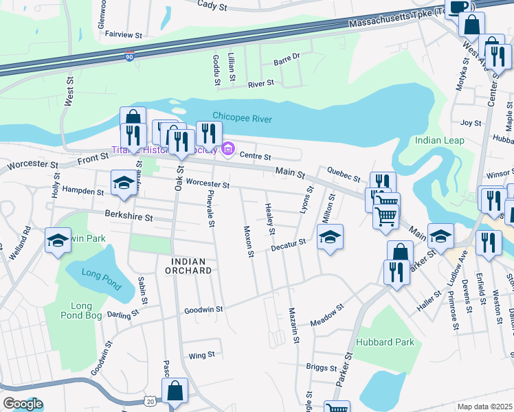 map of restaurants, bars, coffee shops, grocery stores, and more near 29 Moxon Street in Springfield
