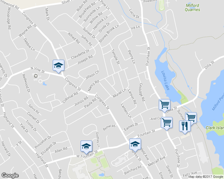 map of restaurants, bars, coffee shops, grocery stores, and more near 4 Edgewood Road in Milford