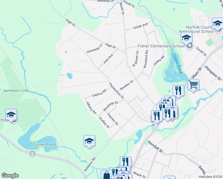 map of restaurants, bars, coffee shops, grocery stores, and more near 141 Pemberton Street in Walpole