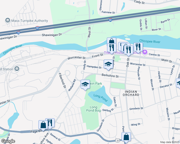 map of restaurants, bars, coffee shops, grocery stores, and more near 26 Berkshire Street in Springfield