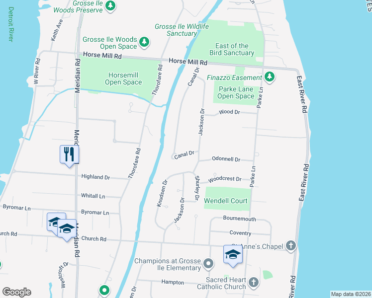 map of restaurants, bars, coffee shops, grocery stores, and more near 20693 Canal Dr in Grosse Ile Township