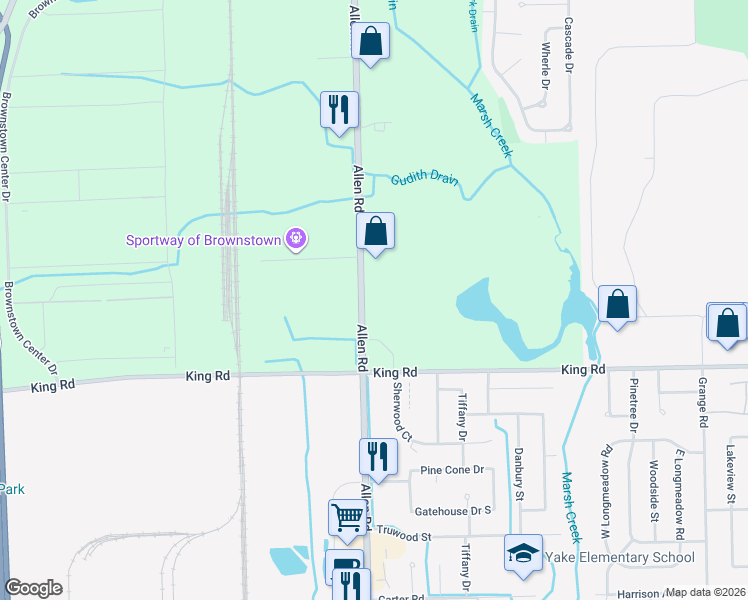 map of restaurants, bars, coffee shops, grocery stores, and more near 19865 Allen Road in Brownstown Charter Township