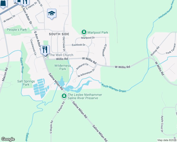 map of restaurants, bars, coffee shops, grocery stores, and more near 846 Arboretum Drive in Saline