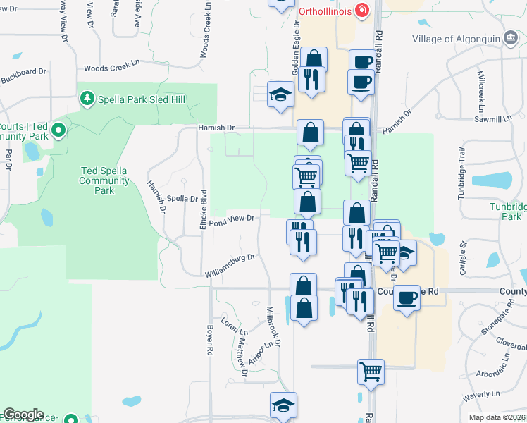 map of restaurants, bars, coffee shops, grocery stores, and more near 1401 Millbrook Drive in Algonquin